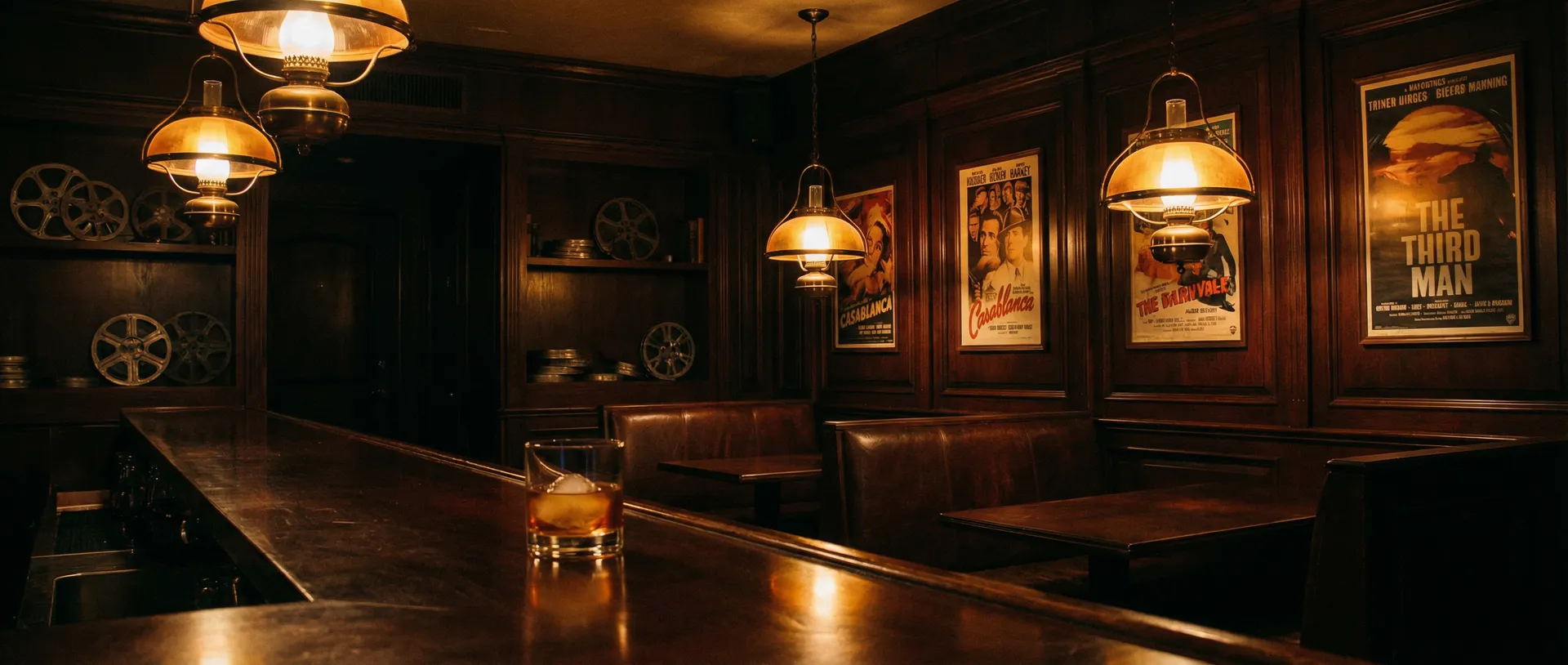 老式酒馆吧台上的威士忌杯与暖黄灯光 - 黄色仓库 酒馆氛围